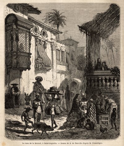 1565年にスペイン人によって設立されたアメリカ（米国）最古の都市、セントオーガスティンのLa casa de la Merced（現在のマーシー通り）；小さくて人口の多いこの街のメインストリートには、様々な動物がいて、様々なアメリカのtが融合した特異な風景が広がっている 作： Unknown artist