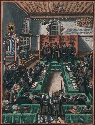 La conference religieuse de Ratisbonne en 1601 - The Regensburg religious colloquy of 1601, Anonymous .銅版画、水彩画、1605年頃。レーゲンスブルク市立歴史博物館(Historisches Museum der Stadt Regensburg) 作： Unknown artist