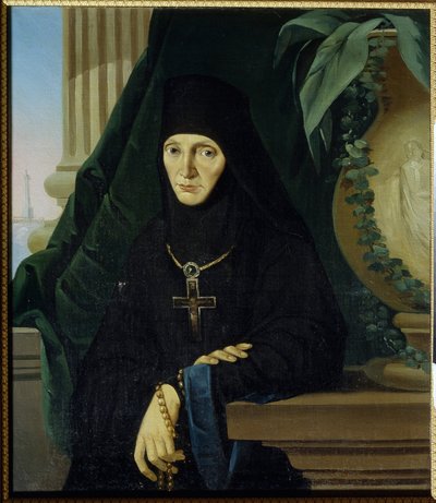La mere superieure Maria (Margarita Tuchkova) (Mother Superior Maria (Tuchkova)。ナポレオンの大陸軍 (1769-1821) の侵略中の 1812 年、スパソ ボロディンスキーの正教会修道院のヒグメネ (ヘグメネ)。匿名の絵画、キャンバスに油彩、ヴァース 作： Unknown artist