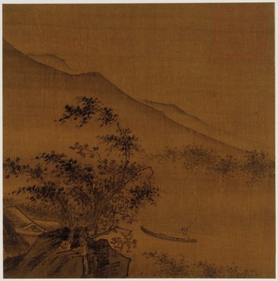 風景: 丘の中腹、岩、木、家、ボート 作： Unknown artist