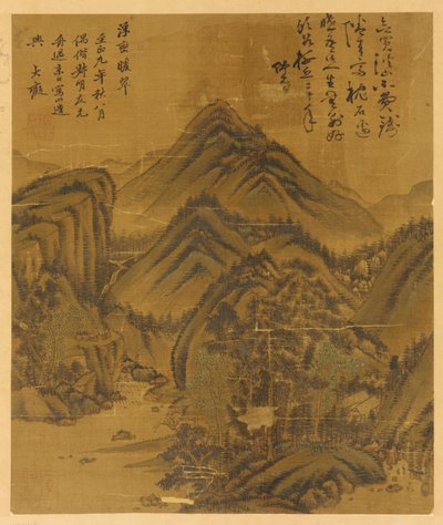 風景: 木々、家々、丘の間の小川 作： Unknown artist
