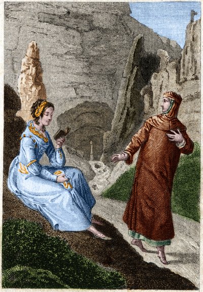 ロール・ド・ノヴェス（ラウラ）とフランチェスコ・ペトラルカ（ペトラルカ）（イタリアの詩人・人文主義者 1304 - 1374）。18世紀末のエングレーヴィング。 作： Unknown artist