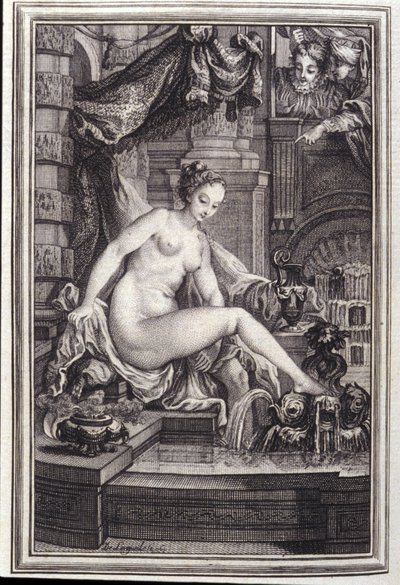 Le Roi Candaule et le maitre en droit-Jean La Fontaineの "Tales et nouvelles en vers "の中の一節。1762. 作： Unknown artist