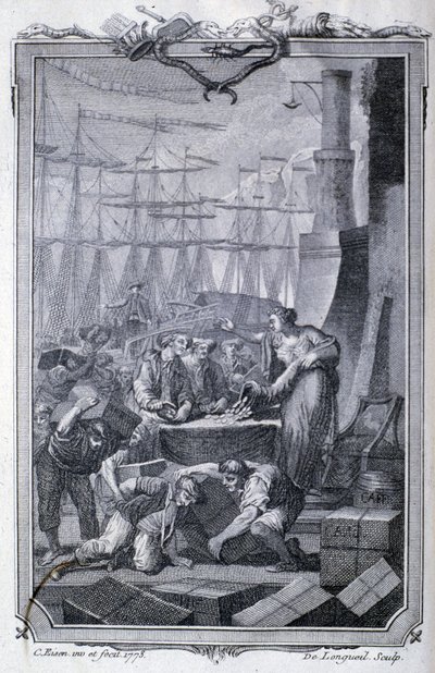 植民地との貿易（コーヒーを含む） - G.T.レイナル編「Philosophical and political settlements and trade of Europeans with the two Indies」にて。Raynal, ed. Pellet, Geneva 作： Unknown artist
