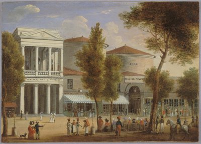 モンマルトル大通りのヴァリエテ劇場とパノラマ通り、1825年頃、カードに油彩 作： Unknown artist
