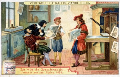 レンブラント（1606-1669）の生涯を描いたリービッヒのカラーリトグラフ。これは1654年の100ギルダープリント。 作： Unknown artist