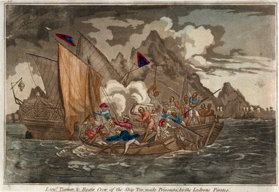 1800年頃、ラドローネ海賊団の捕虜となったターナー中尉と「ティー号」の乗組員（カラー・アクアチント） 作： Unknown artist