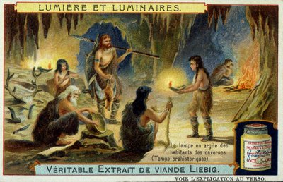 光と照明器具：先史時代に洞窟の住人が使っていた粘土製のランプ。リービッヒ・エンブレムのイラスト。 作： Unknown artist