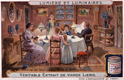 照明器具、アストラルランプで照らされたブルジョアの室内、クロモ。リービッヒ・V・1895 作： Unknown artist