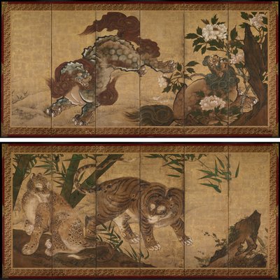 牡丹と竹の獅子と虎 作： Unknown artist