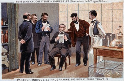 フランスの科学者ルイ・パスツール（1822-1895）が、協力者に囲まれて今後の研究の方針を示している様子。 作： Unknown artist