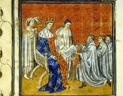 ルイ10世（1289 - 1316）が王国のユダヤ人に勅許状を与える - 1308年にフィリップ・ザ・ベルによって追放されたユダヤ人が、1315年にフランス王国に戻る権利を取り戻した。白と赤のホイールで識別できる。イルミナ 作： Unknown artist