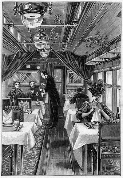 ヨーロッパの豪華列車：レストランワゴンの内観。5月1日付の「La Nature: revue des sciences et de leurs applications aux arts et a l