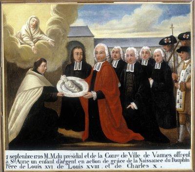 MM du Presidial et de la Commune de Vannes は、1729 年 9 月 7 日、イルカのルイ・ド・フランス (1729-1765) の誕生からの感謝の気持ちを込めて、聖アンナに銀色の子供を提供します - 元ヴォート聖アンヌ ドーレ 作： Unknown artist