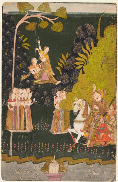 マーワールのマハラジャ アバイ シン (r. 1724–49)、馬術、女の子がスイングするのを見る ティージ・フェスティバルで 作： Unknown artist