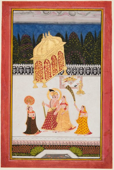 メーワールのマハラナ アリ シン II (r. 1761–73) とテラスでの配偶者 作： Unknown artist