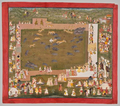 Mewar の Maharana Sangram Singh II (r. 1710–34) と、Sadr で虎とのイノシシ狩りを上演 作： Unknown artist