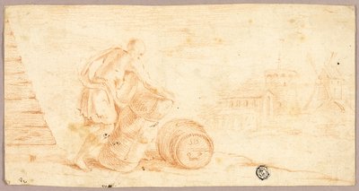 遠くに風車のあるベイル、キャスクを動かす男 作： Unknown artist