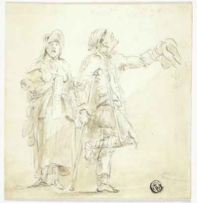 松葉杖をついて物乞いをする男性、女性が歌って赤ちゃんを抱く 作： Unknown artist