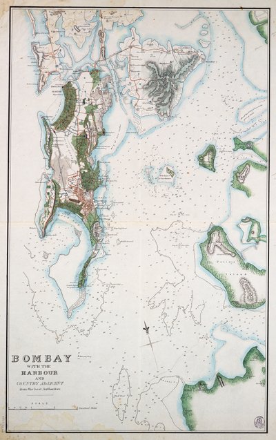 アラビア海とペルシャ湾も描かれたボンベイの港と隣接する田舎の地図、1855年頃（インク、水彩画） 作： Unknown artist