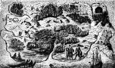 ダニエル・デフォーの小説「ロビンソン・クルーソー」島の地図。「深刻な反省」、クルーソー、III 作： Unknown artist