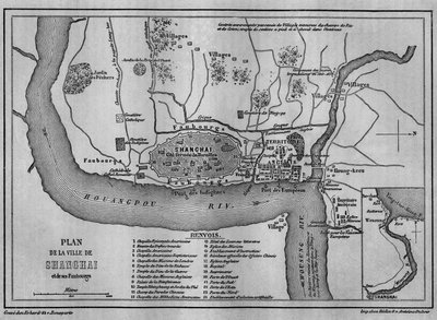 1860年の上海市の地図、中国の旧市街の様子、1860年の外国人租界。エドワード・シャルトン編『Le Tour du Monde, Nouveau journal des Voyages』（パリ）に掲載されたカルテ 作： Unknown artist