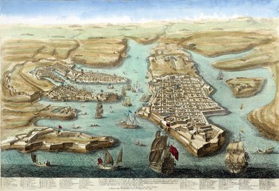 マルタ島の港とその要塞、城の地図。18世紀のエングレーヴィング。 作： Unknown artist
