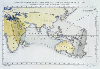 1868年の日食時に月の影と暗さが地表にどのように現れたかを示す経度局発行の地図 作： Unknown artist