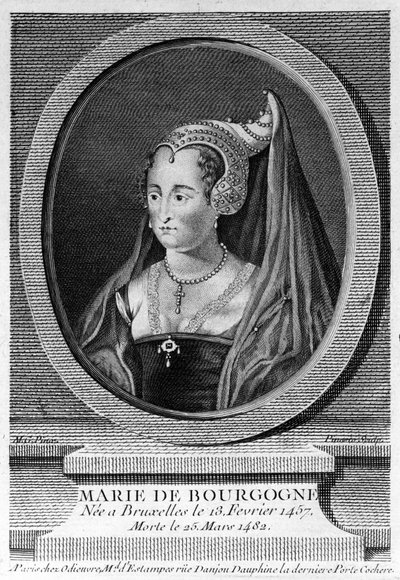 マリー・オブ・ブルゴーニュ（1457年～1482年）、シャルル大帝の娘でマクシミリアン・オブ・オーストリアの妻。19世紀のエングレーヴィング。 作： Unknown artist