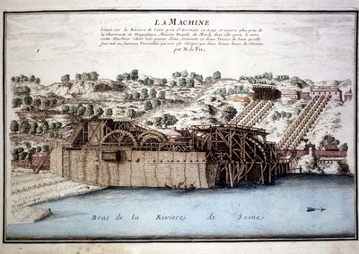 セーヌ川の水をマルリー水道橋経由でヴェルサイユに送るためのマルリー・ド・ルネキンの機械。1700年のエングレーヴィング。 作： Unknown artist