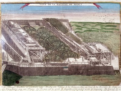 セーヌ川の水をマルリー水道橋経由でヴェルサイユに送るためのマルリー・ド・ルネキンの機械。18世紀のエングレーヴィング。 作： Unknown artist