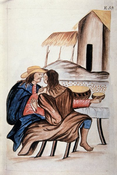 トルヒーリョ司教バルタサル・マルティネス・コンパニオン・イ・ブジャンダ（1782-1785）の著書「トルヒーリョ・デル・ペルー」（「Códice Martínez Compañón」）に掲載されているインディアン同士の婚姻手続き。 作： Unknown artist
