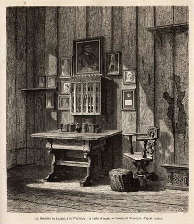 1521年に破門された後、ヴァルトブルクに避難したマルティン・ルターの部屋（1483-1546）。机の上には彼の肖像と両親の肖像が飾られており、その下で彼は聖書をドイツ語に翻訳し、最も有名な文章を書き直した。インクは 作： Unknown artist