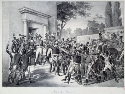 ナポレオン・ボナパルト（1769-1821）の18ブルメールの朝7時頃の将軍・将校の会議 ナポレオン・ボナパルトによる18ブルメールのクーデター（1799年9月11日） コンセイユ・デ・サンク・センツ（サンク・センツ）（salle des 500）でDirectoiを終了する 作： Unknown artist