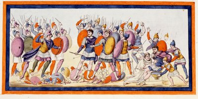 ギリシャの戦士メネラス（右）が、トロイア人の味方の矢で負傷したところ。イリアス』第4曲。18世紀末のエングレーヴィング。 作： Unknown artist