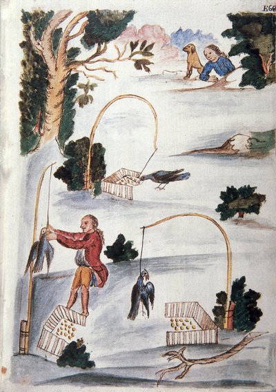 トルヒーヨ司教バルタサル・マルティネス・コンパニオン・イ・ブジャンダ（1782-1785）の著書「Trujillo del Peru」または「Códice Martínez Compañón」から、投げ縄で鳥を捕まえる方法。 作： Unknown artist