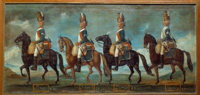 1779年の命令に従ったドラゴンの軍服：ラナン（n.20）、ベルサンセ（n.21）、ラングドック（n.22）、ショムバーグ（n.24）の連隊 1779年の匿名の絵画。パリ、軍隊博物館（Musee de l