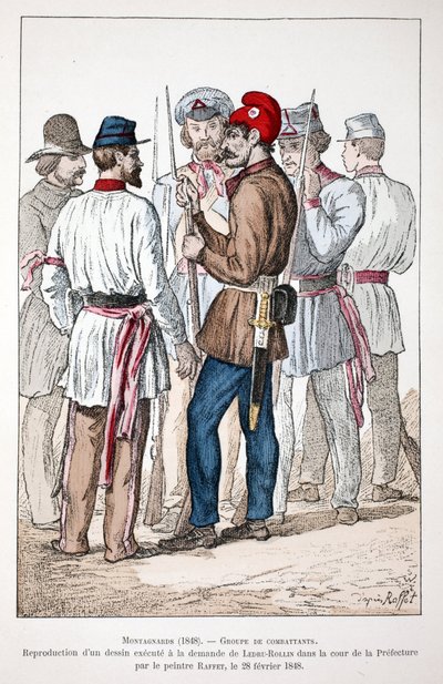 モンタニャール（1848年）、戦闘員の一団、そのうちの一人はフリジア帽と革命のコケシをつけている。Eau forte en couleurs」は、アレクサンドル・レドゥル＝ロラン（レドゥル＝ロラン）（1807-1874）の依頼を受けて、中庭に描かれた絵の複製です。 作： Unknown artist