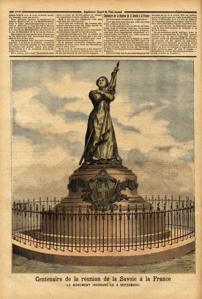 9月4日に発足した、彫刻家Falguiereによるサヴォワのフランスとのつながりの100周年（1792年）を記念するモニュメント。1892年10月10日付「Le petit journal」に掲載された彫刻。セルバのコレクション。 作： Unknown artist