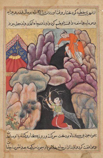 ムフタールは妻のマイムナを穴に投げ込むが、彼女はトゥティナマ (オウムの物語) から身を守る: 二十五夜 作： Unknown artist