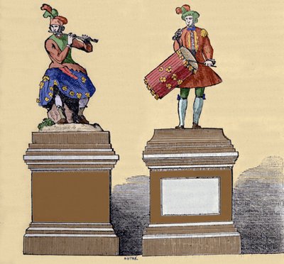 音楽家のオートマトン。「トラヴェルシエール・フルート奏者」（1737年）と「タンバリン奏者」（1738年）。フランス人技師ジャック・ドゥ・ヴォーカンソン（1709-1782）が製作した。 作： Unknown artist