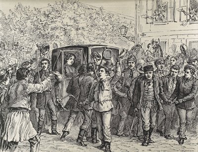 セルビアのナタリア（1859-1941）。1875年から1882年までセルビア王女、1882年から1889年までセルビア王妃。ナタリー王妃のセルビア追放：ジャンダルムからクーエンを救出する学生たち 作： Unknown artist
