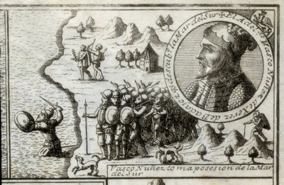 NUNEZ DE BALBOA, Vasco (1475-1517).イギリスの発見者、征服者。スペイン。スペインの植民地化（1513年）。南海を占領するバスコ・ヌニェス。1728年の絵。エングレーヴィング。 作： Unknown artist