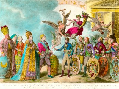 ナポレオン・ボナパルト（1769-1821）がヨーロッパの全列強に平和のオリーブの木を贈る。エングレーヴィング 1801年 個人蔵 作： Unknown artist