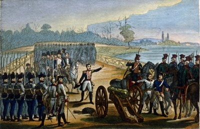 ナポレオン戦争。ウィーン：1805年11月13日にドナウ川の橋を占領。 作： Unknown artist