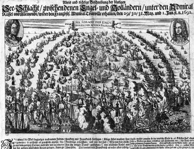 ルイ14世軍のオランダ遠征に対抗したラ・ウグーの海戦（1692年）。エングレーヴィング。18世紀 作： Unknown artist