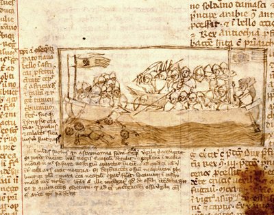 1120年、サラセン人と十字軍の間で行われた海戦。12世紀の写本 "Peregrinationem in terram sanctam "による。マルシアナ、ヴェネツィア 作： Unknown artist