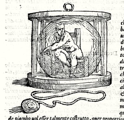 ニコリ・フォンタナの2つ目のスーツ「Tartaglia」（1499～1557年）。このスーツにはクリスタルの球体があり、ダイバーはその中に身を隠すことができます。16世紀のエングレーヴィング。 作： Unknown artist