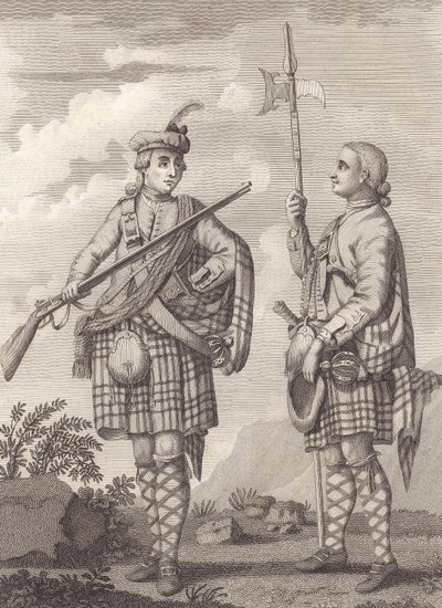 1750年頃の第42高地隊ブラック・ウォッチの将校(左)と軍曹(彫刻) 作： Unknown artist