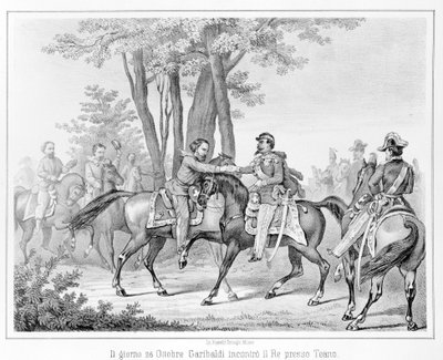1860年10月26日、ジュゼッペ・ガリバルディは、テアノの近くで国王ヴィクトル・エマニュエル2世（ヴィクトル・エマニュエル）（ヴィットリオ・エマニュエル）に会った。19世紀のエングレーヴィング。 作： Unknown artist